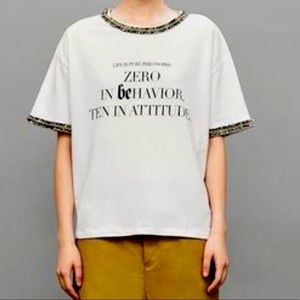 ZARA🧿white shirt rimmed with jeweled blue fabric.